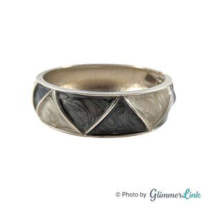 Vintage Enamel Swirl Geometric Hinged Silver Tone Bangle Clamper Bracelet